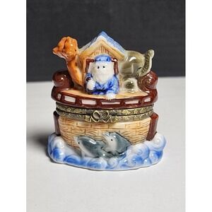Vintage Noah's Ark‎ Trinket Box Hinged Porcelain Vanity Decor  Hand painted